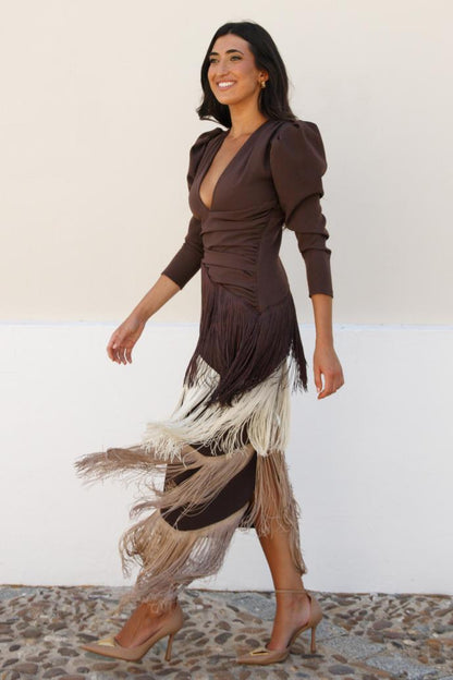 Tassel Ruched Long Sleeve Midi Dress