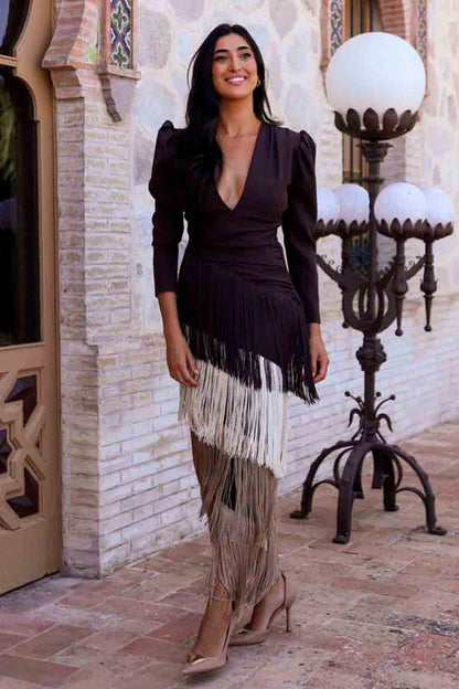 Tassel Ruched Long Sleeve Midi Dress