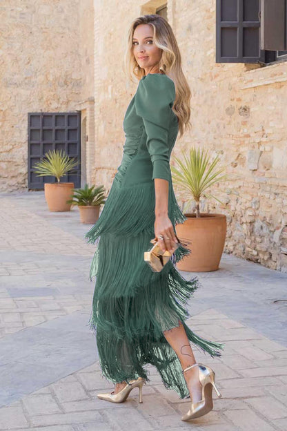 Tassel Ruched Long Sleeve Midi Dress