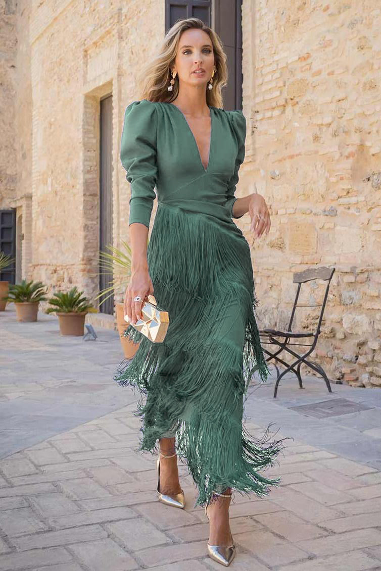 Tassel Ruched Long Sleeve Midi Dress
