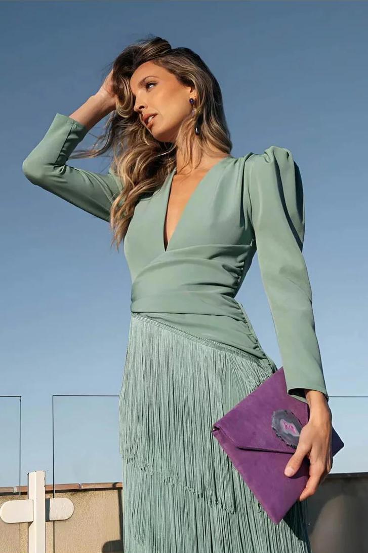 Tassel Ruched Long Sleeve Midi Dress
