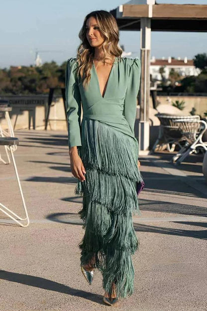 Tassel Ruched Long Sleeve Midi Dress