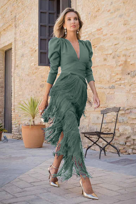 Tassel Ruched Long Sleeve Midi Dress