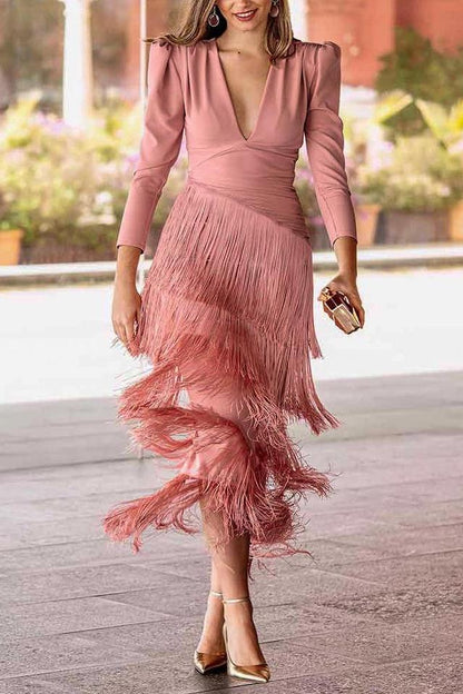 Tassel Ruched Long Sleeve Midi Dress