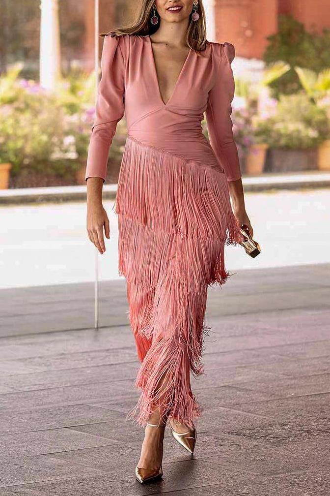 Tassel Ruched Long Sleeve Midi Dress