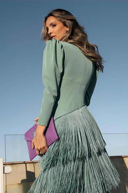 Tassel Ruched Long Sleeve Midi Dress