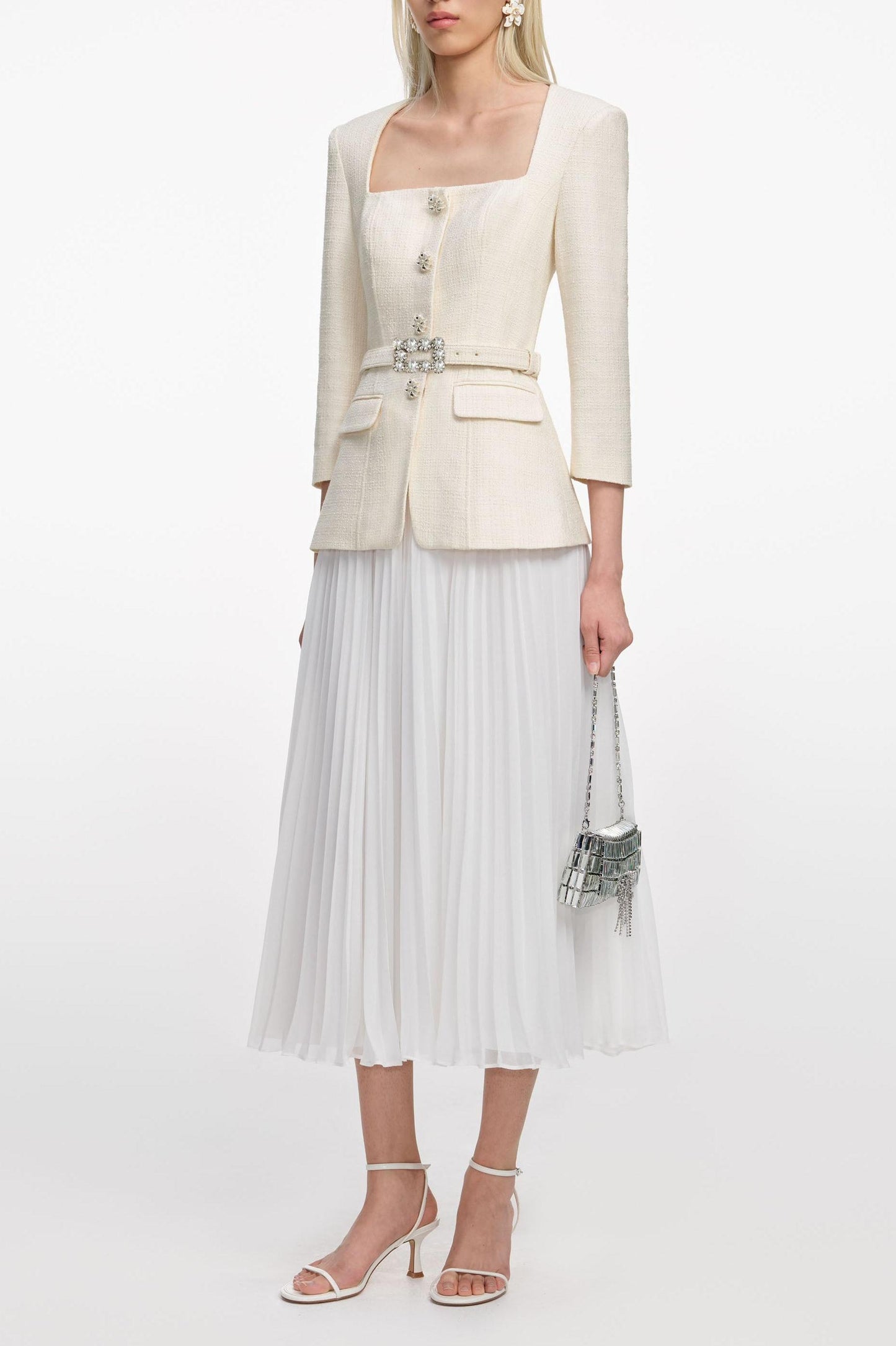 Pleated Metal Button Midi Dress With Belt