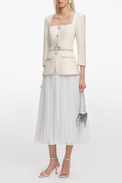 Pleated Metal Button Midi Dress With Belt