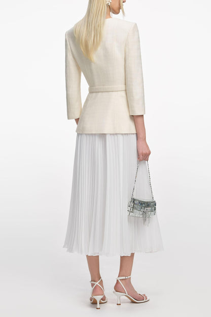 Pleated Metal Button Midi Dress With Belt