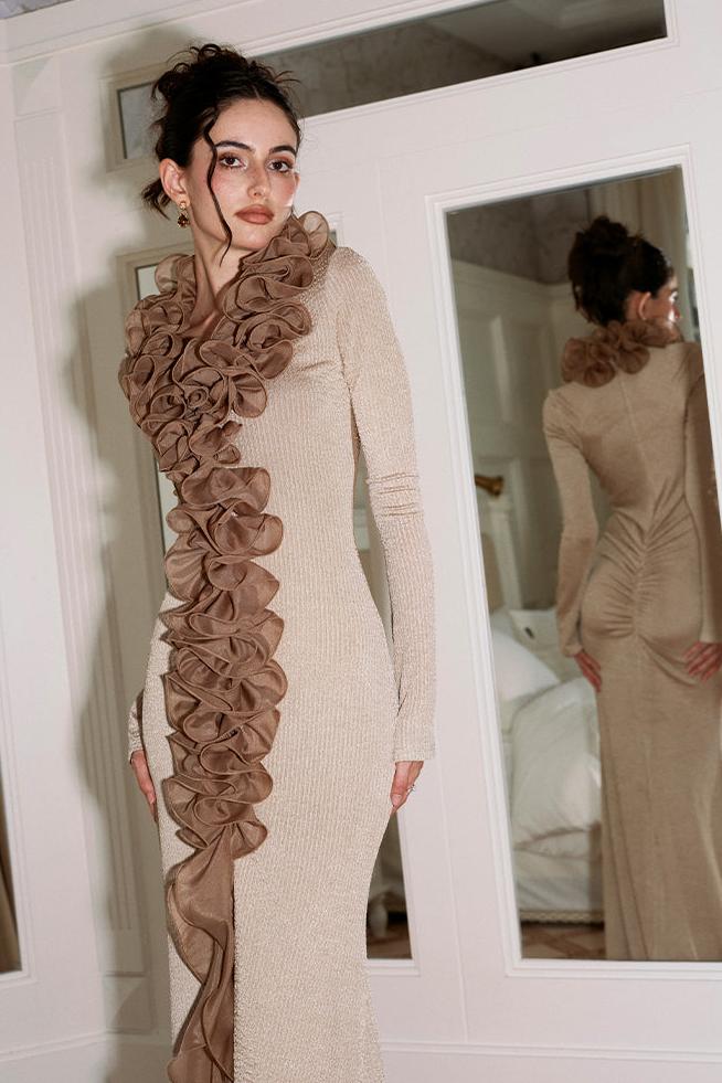 Jersey Ruffle Long Sleeve Maxi Dress