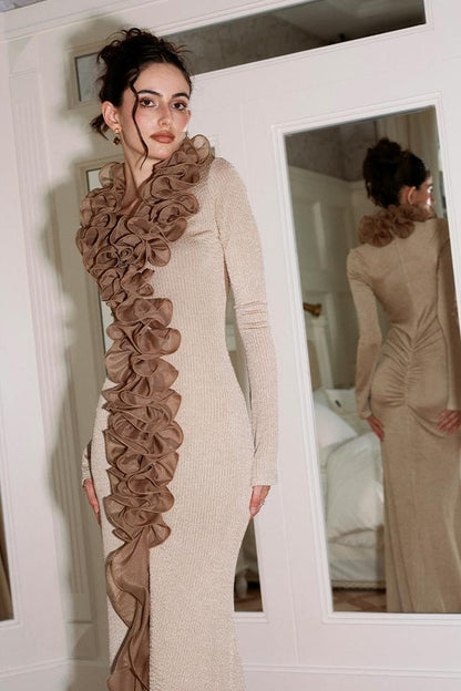 Jersey Ruffle Long Sleeve Maxi Dress