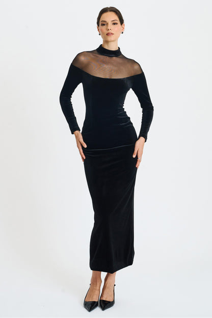 Velvet Splicing Long Sleeve Midi Dress