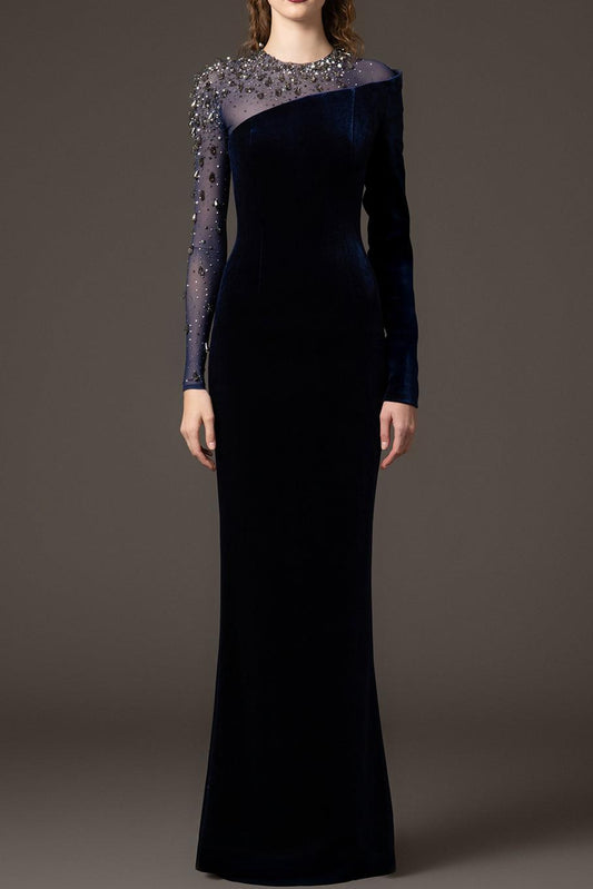 Velvet Rhinestone Rivets Asymmetrical Maxi Dress