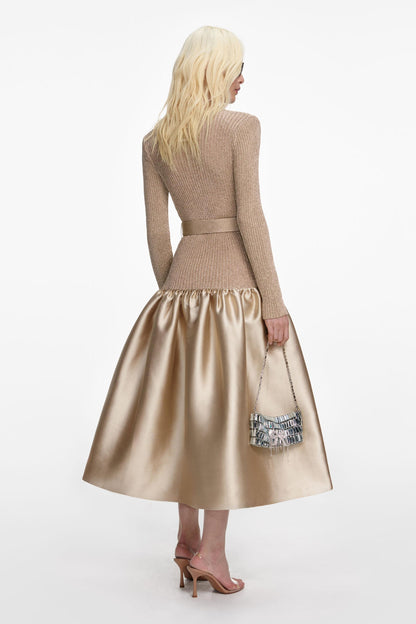 Knit Splicing Satin Midi Dress With Belt