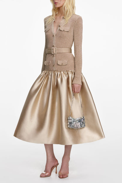 Knit Splicing Satin Midi Dress With Belt
