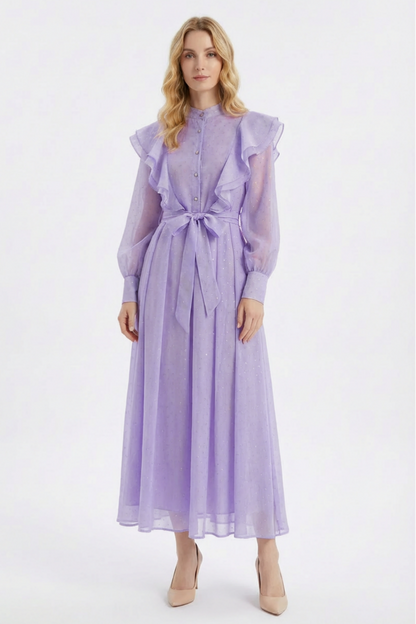 Chiffon Rhinestone Ruffle Maxi Dress With Belt