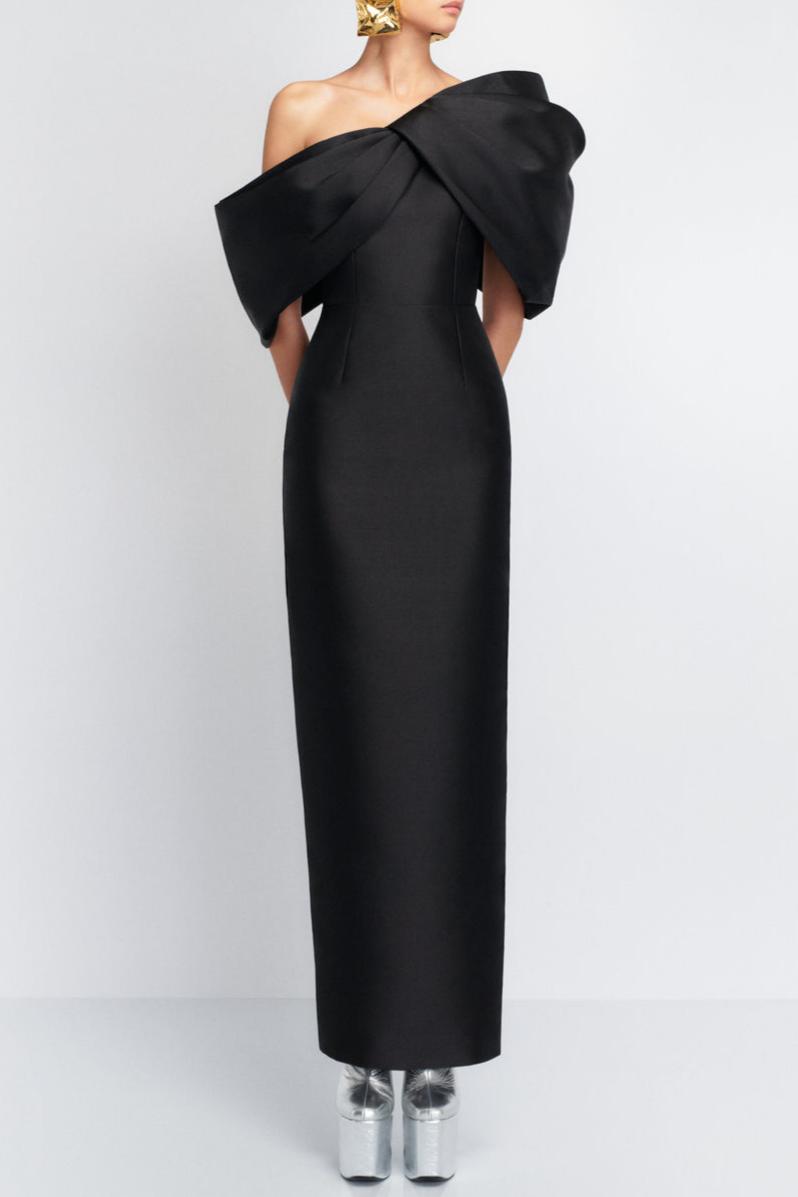 Satin Ruched Off-Shoulder Midi Dress