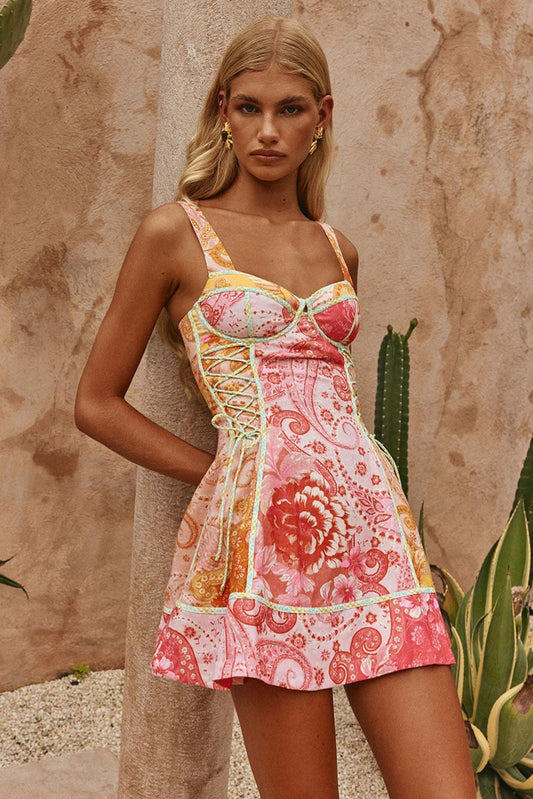 Paisley Print Lace-Up Sweetheart Neck Mini Dress