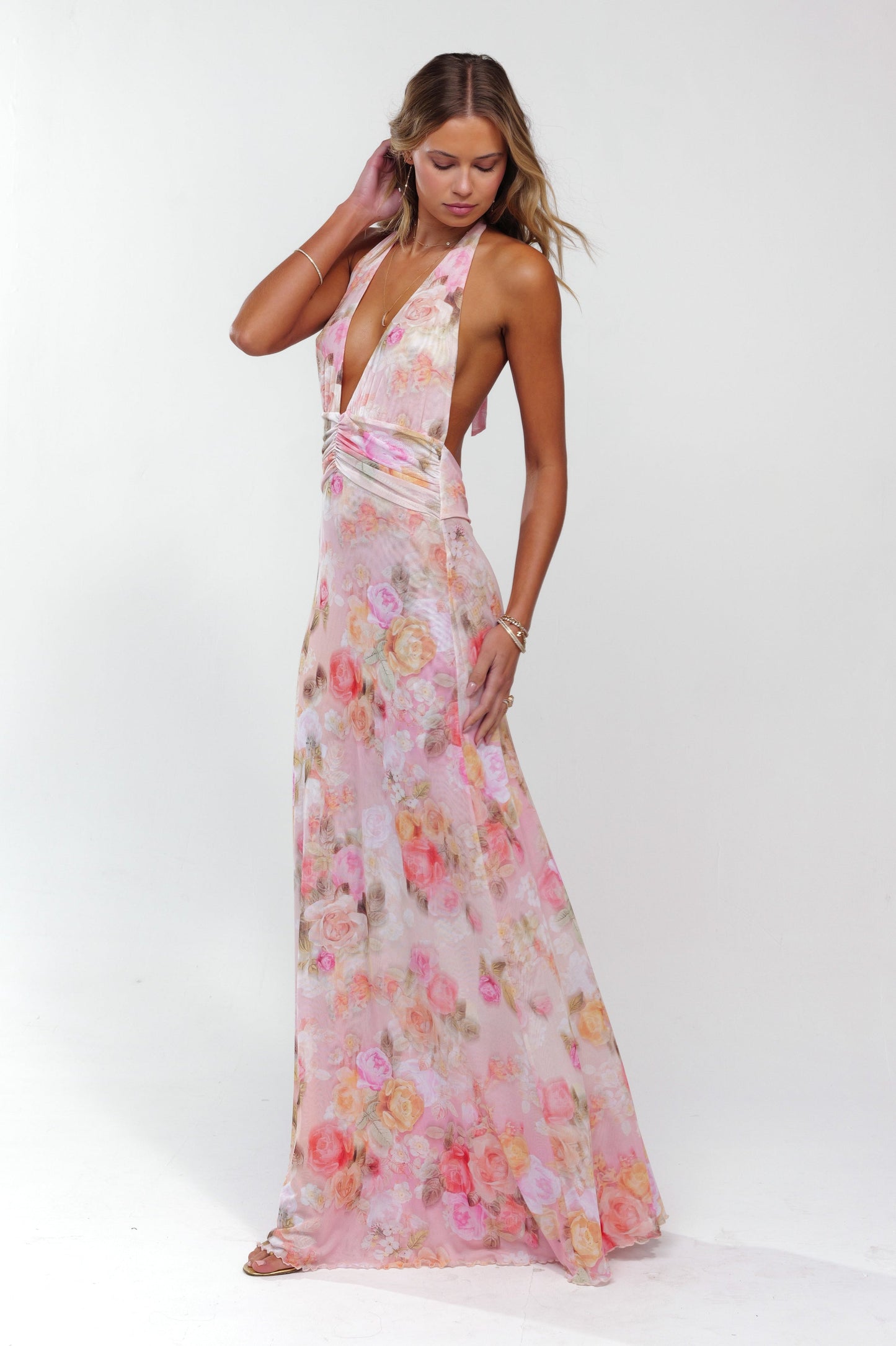 Floral Gathering Halter Neck Maxi Dress