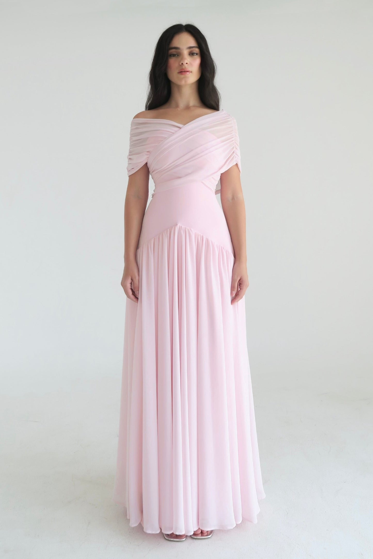 Gathering Solid Off Shoulder Midi Dress