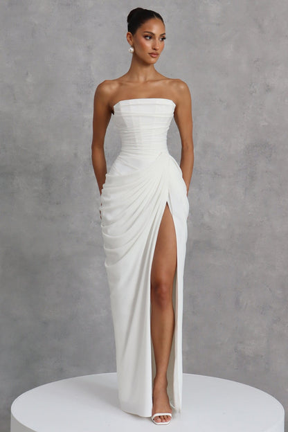 Chiffon Ruched Strapless Slit Midi Dress