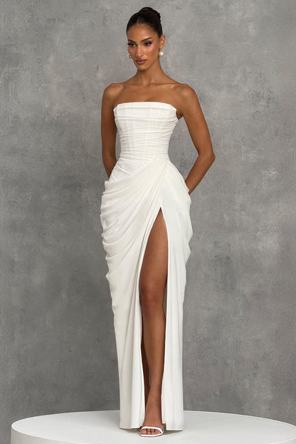 Chiffon Ruched Strapless Slit Midi Dress
