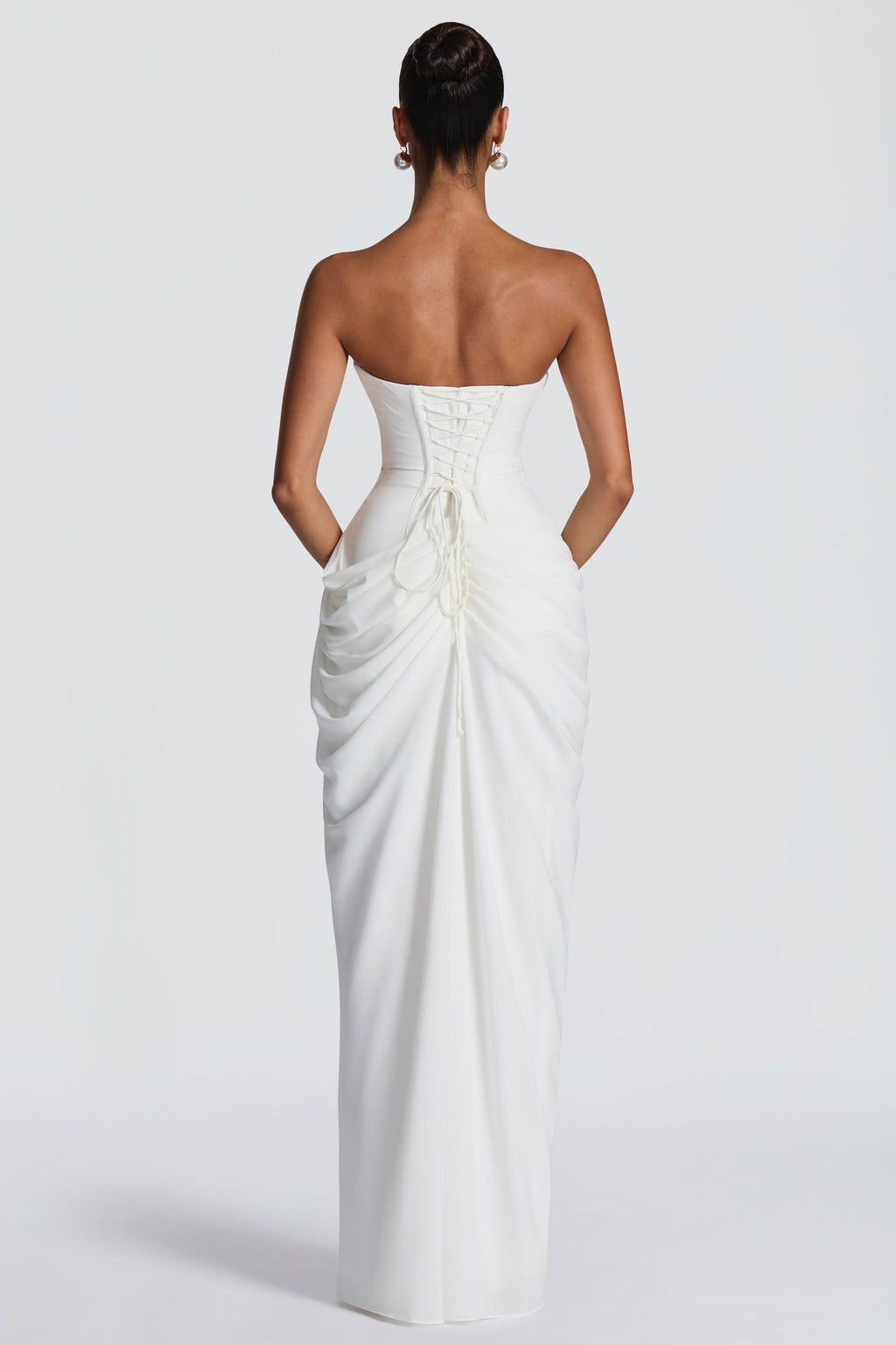 Chiffon Ruched Strapless Slit Midi Dress