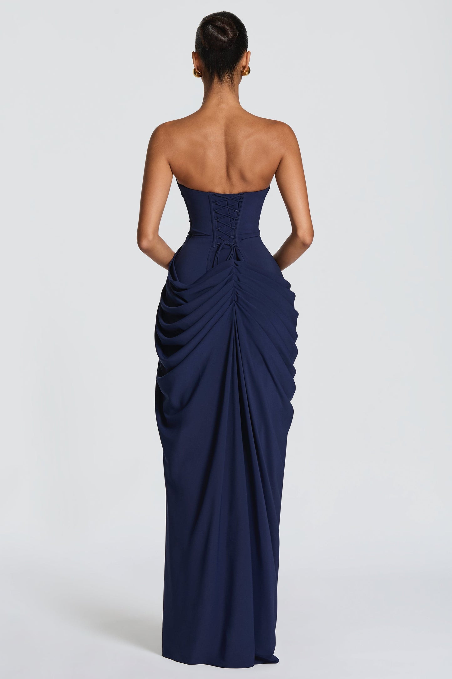 Chiffon Ruched Strapless Slit Midi Dress
