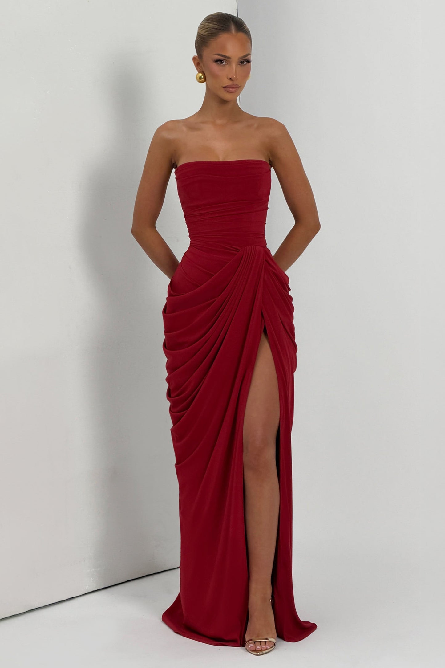 Chiffon Ruched Strapless Slit Midi Dress