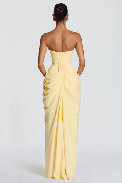 Ruched Strapless Slit Midi Dress