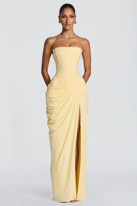 Ruched Strapless Slit Midi Dress