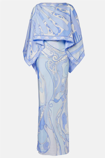 Abstract Print Slip Maxi Dress With Cape