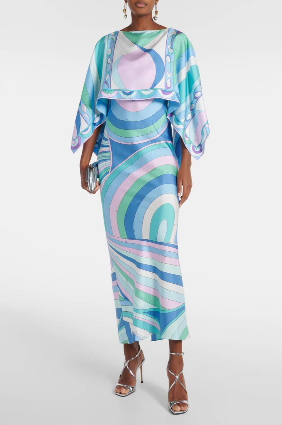 Abstract Print Slip Maxi Dress With Cape