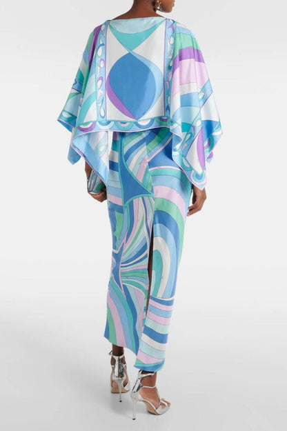 Abstract Print Slip Maxi Dress With Cape