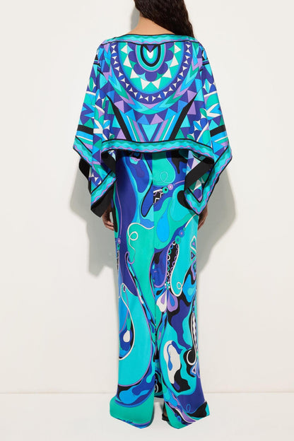 Abstract Print Slip Maxi Dress With Cape