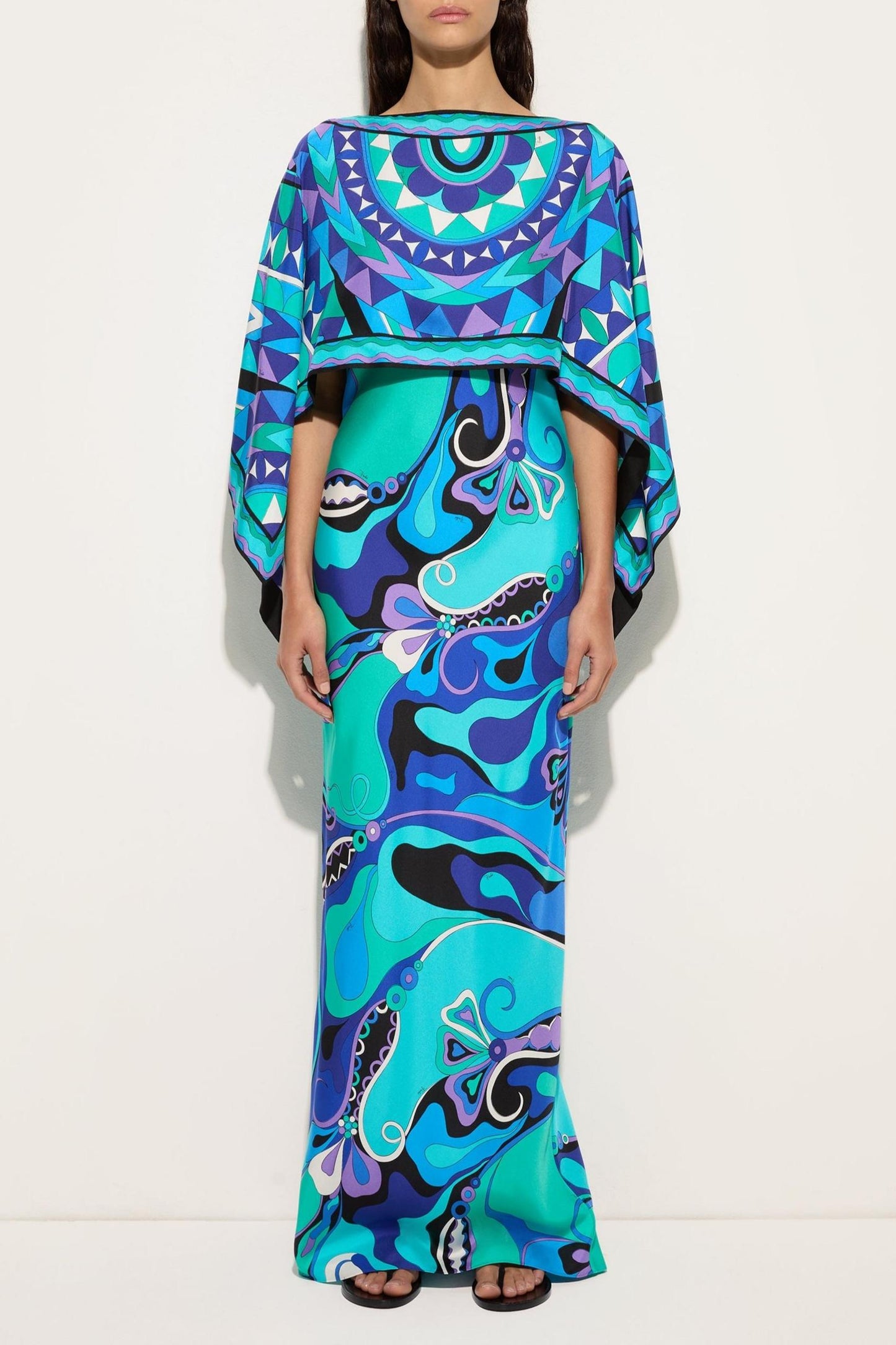 Abstract Print Slip Maxi Dress With Cape