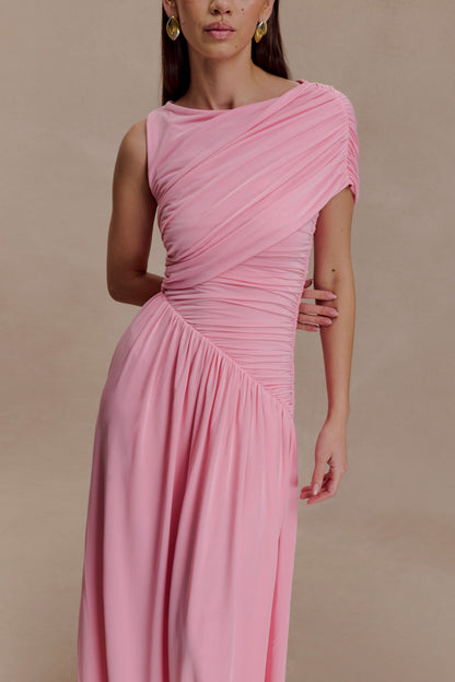 Solid Ruched Asymmetric Maxi Dress