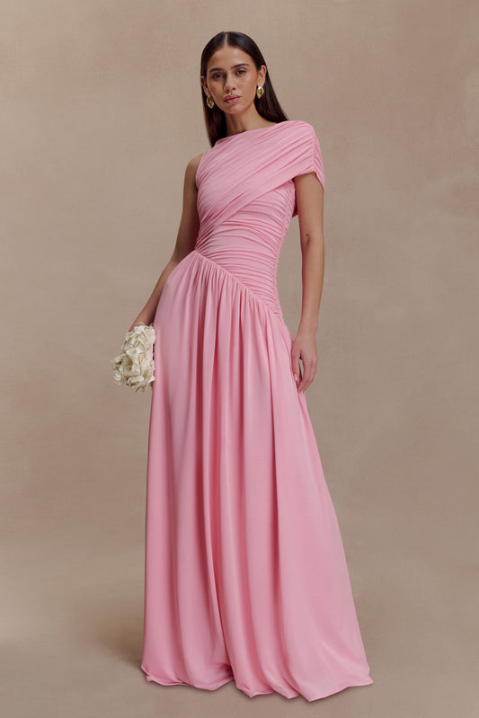 Solid Ruched Asymmetric Maxi Dress