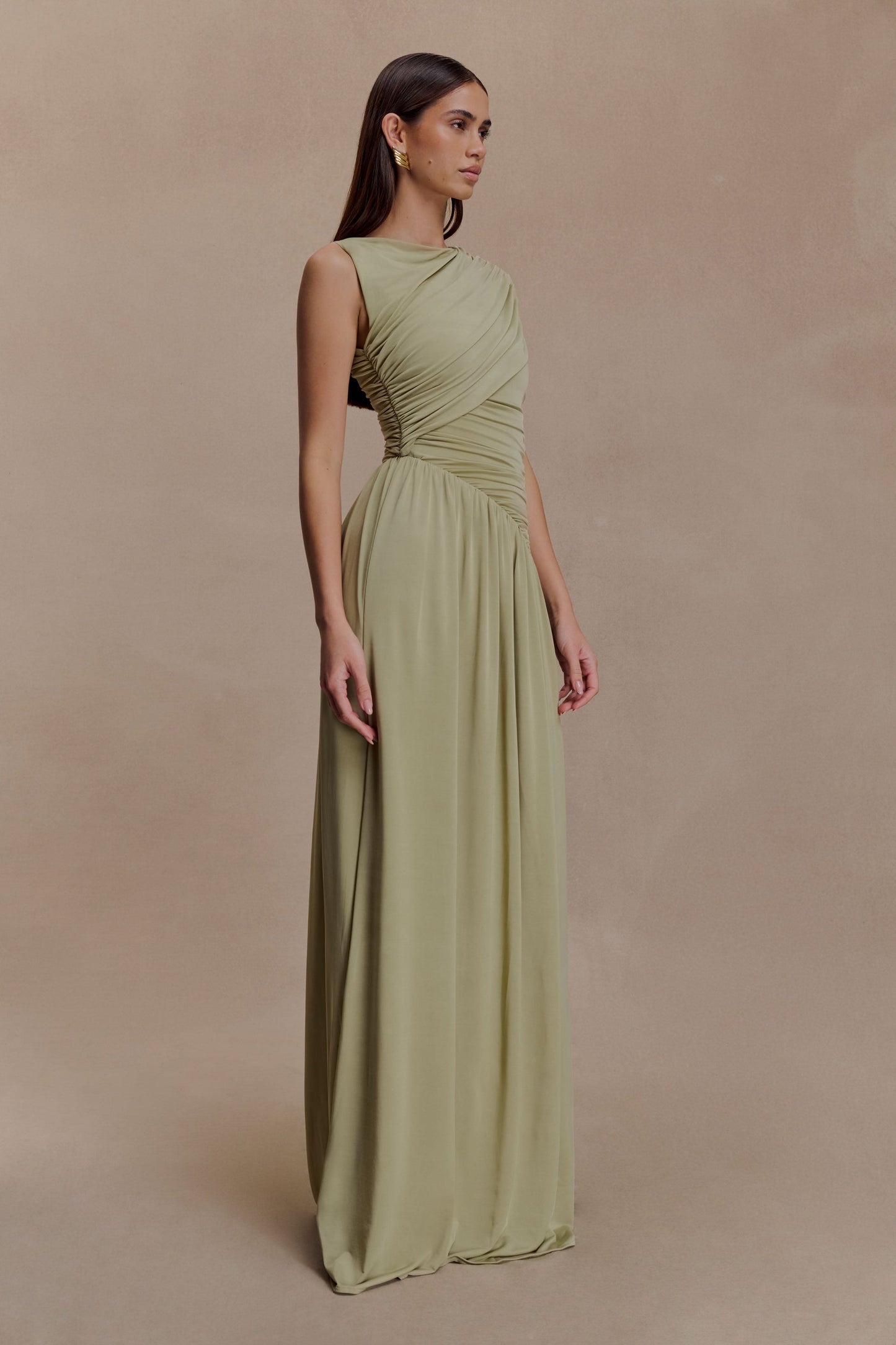 Solid Ruched Asymmetric Maxi Dress