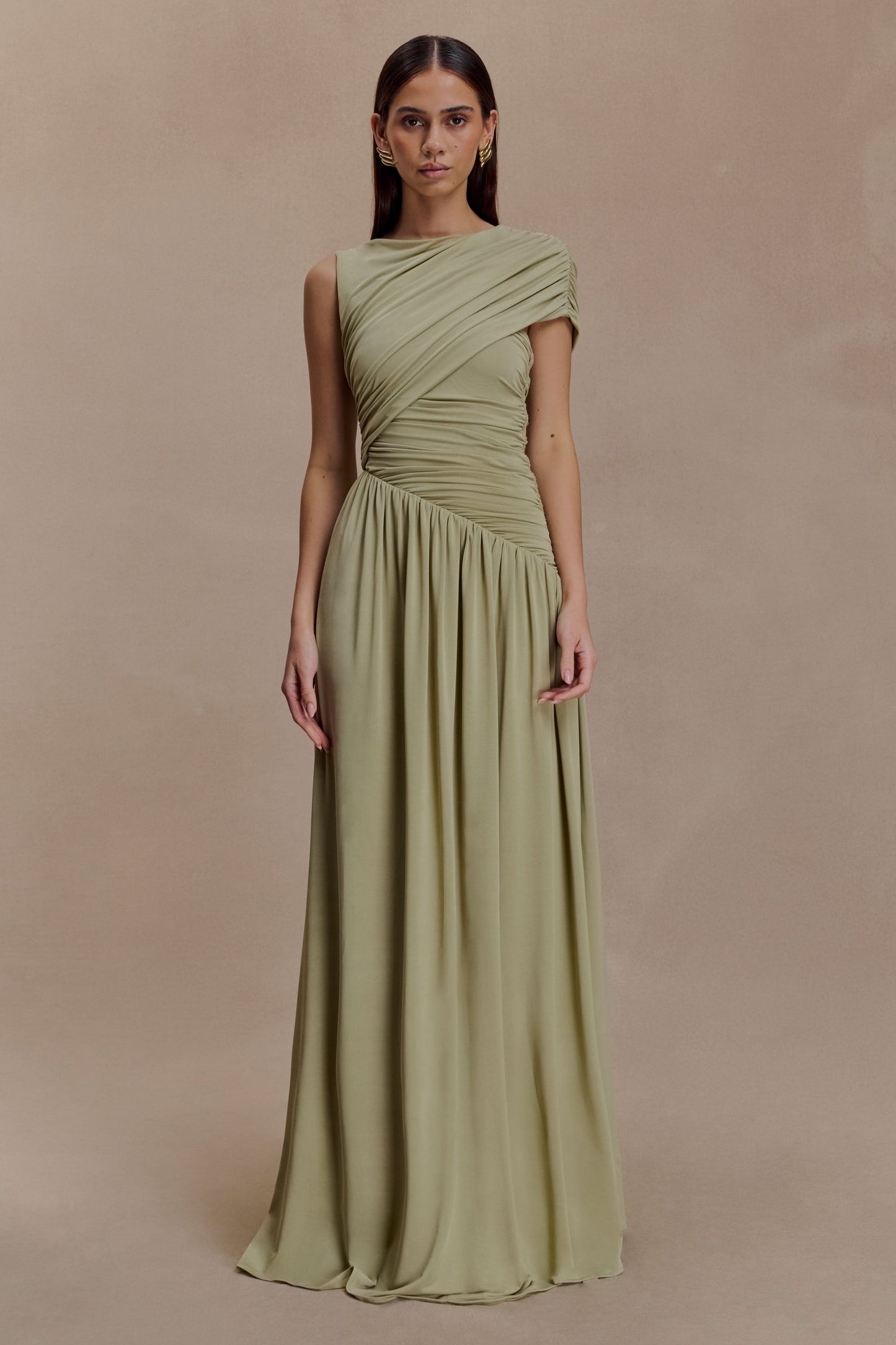 Solid Ruched Asymmetric Maxi Dress