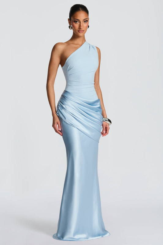 Satin Ruched One Shoulder Maxi Dress