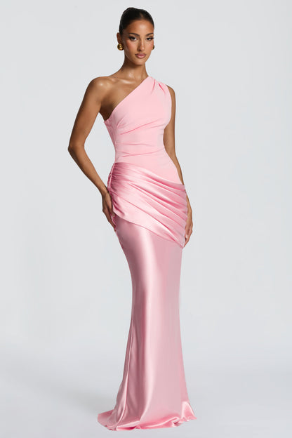 Satin Ruched One Shoulder Maxi Dress