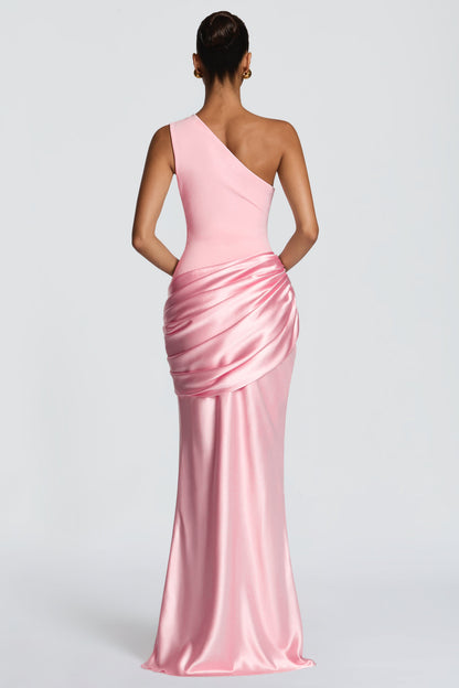 Satin Ruched One Shoulder Maxi Dress