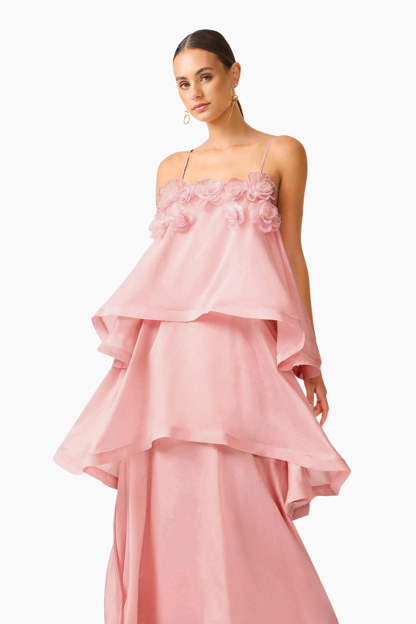 3D Flower Ruffle Slip Midi Dress