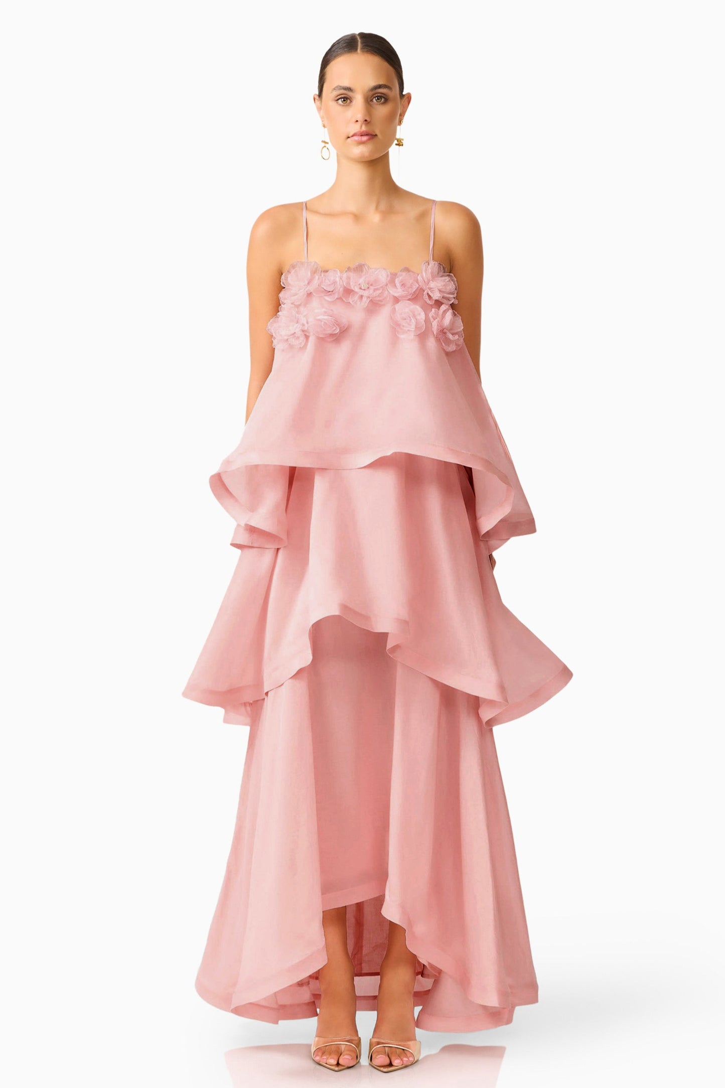 3D Flower Ruffle Slip Midi Dress