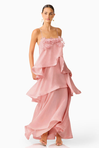 3D Flower Ruffle Slip Midi Dress