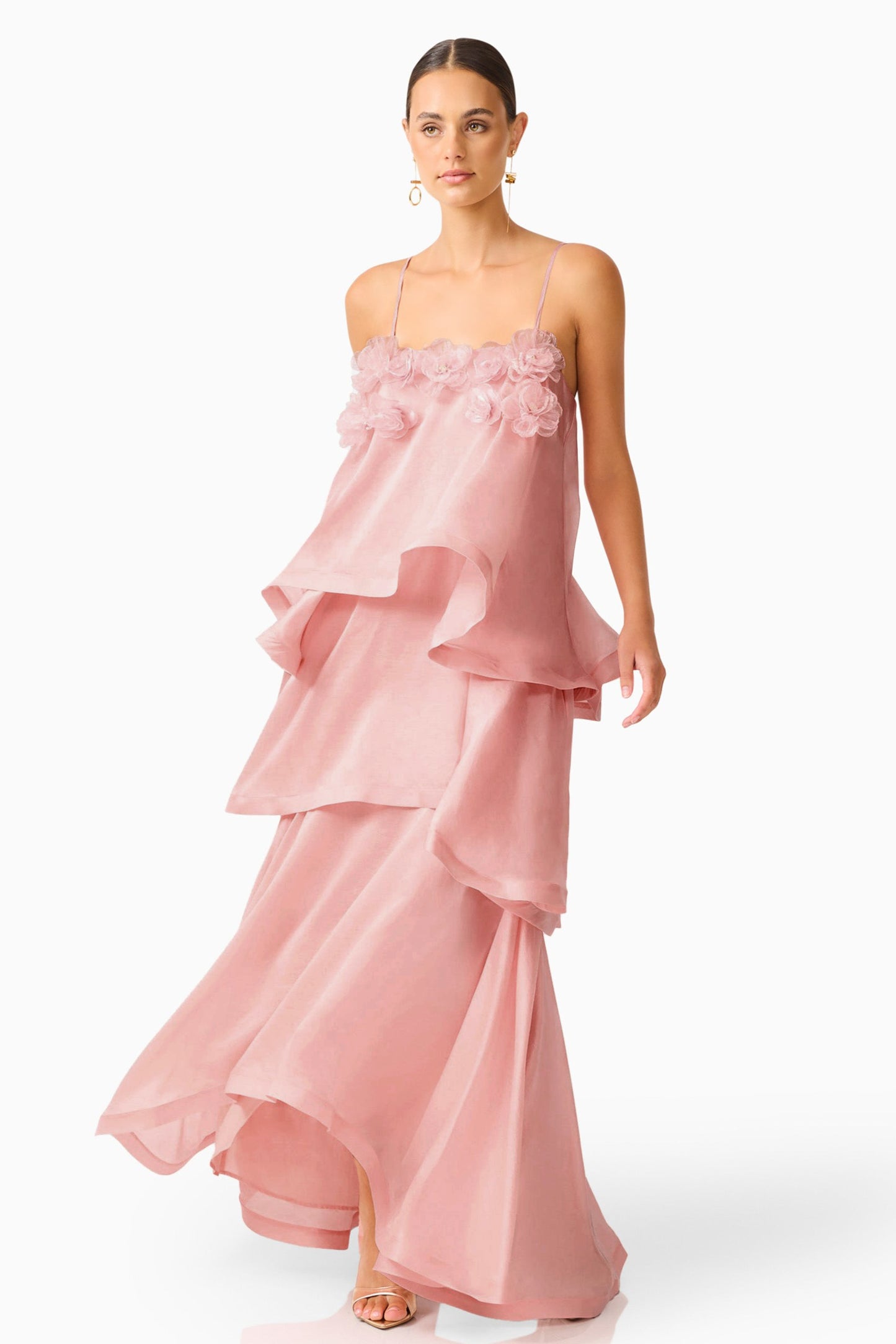 3D Flower Ruffle Slip Midi Dress