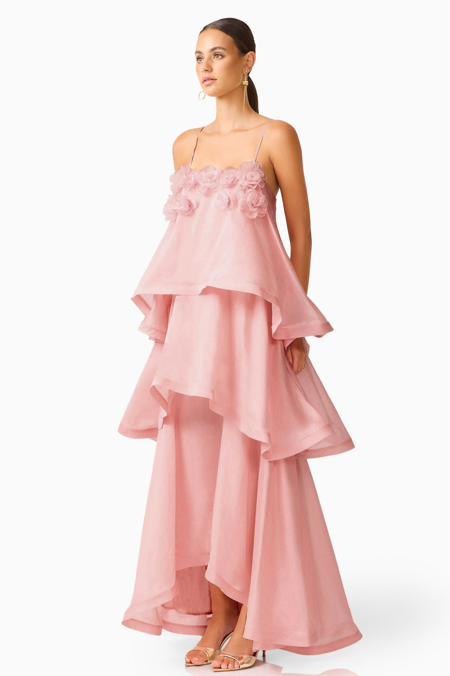 3D Flower Ruffle Slip Midi Dress