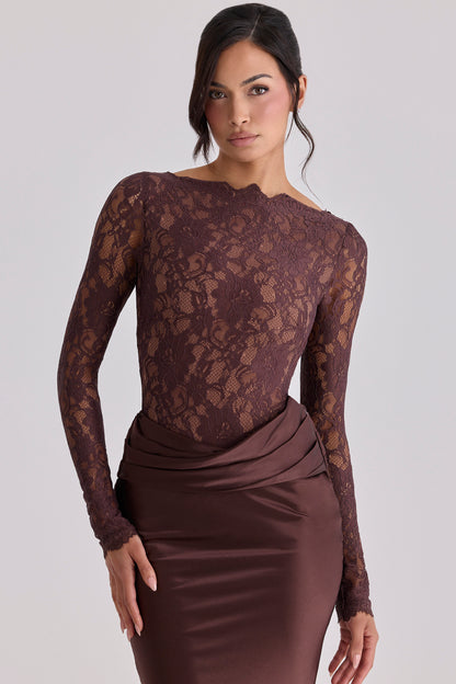 Lace Splicing Satin Long Sleeve Maxi Dress