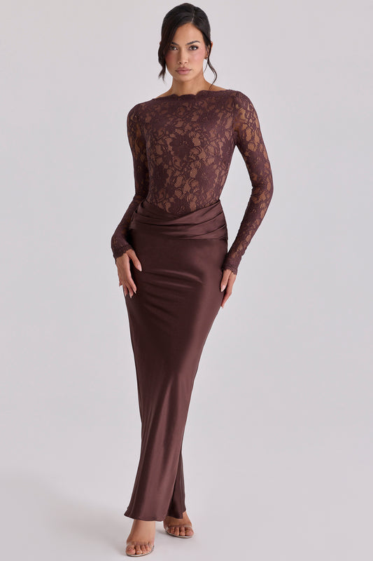 Lace Splicing Satin Long Sleeve Maxi Dress